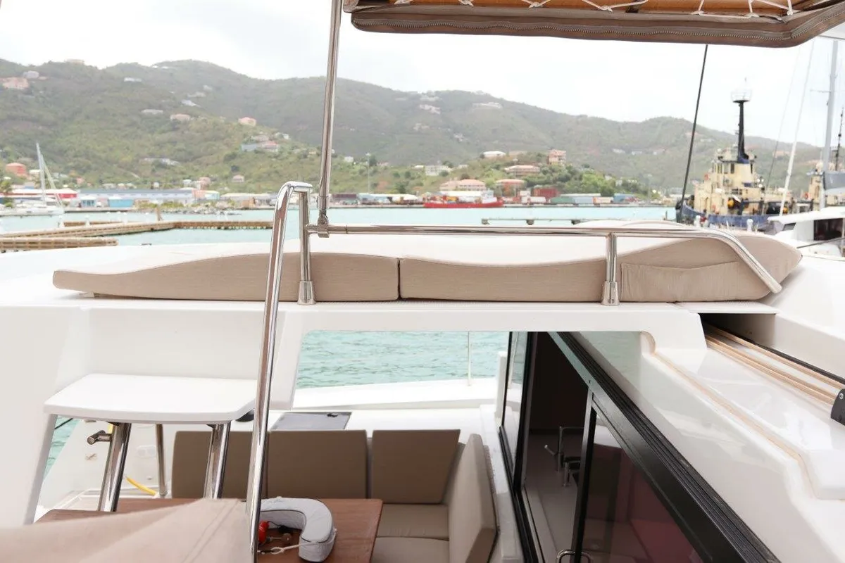 Deck of Idle Time, a Fountaine Pajot Astrea 42 catamaran at Road Town, British Virgin Islands