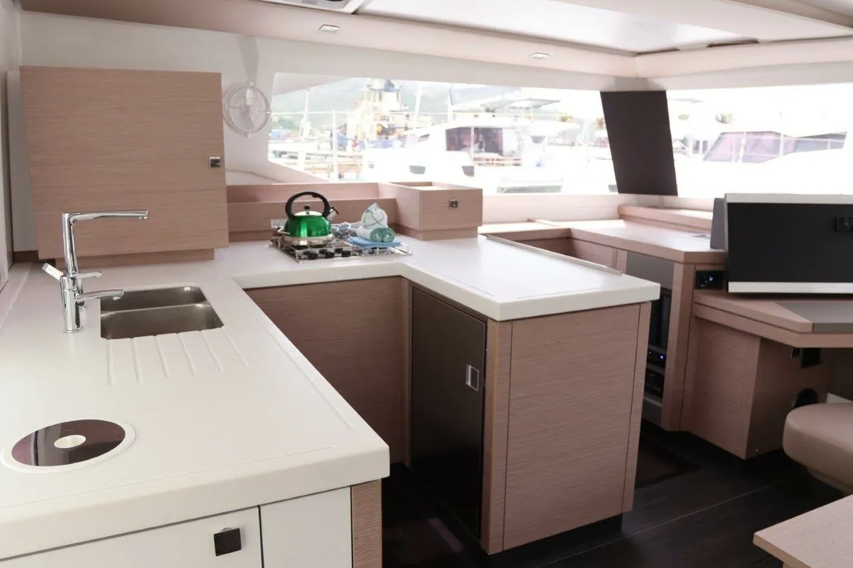 Galley of Idle Time, a Fountaine Pajot Astrea 42 catamaran at Road Town, British Virgin Islands