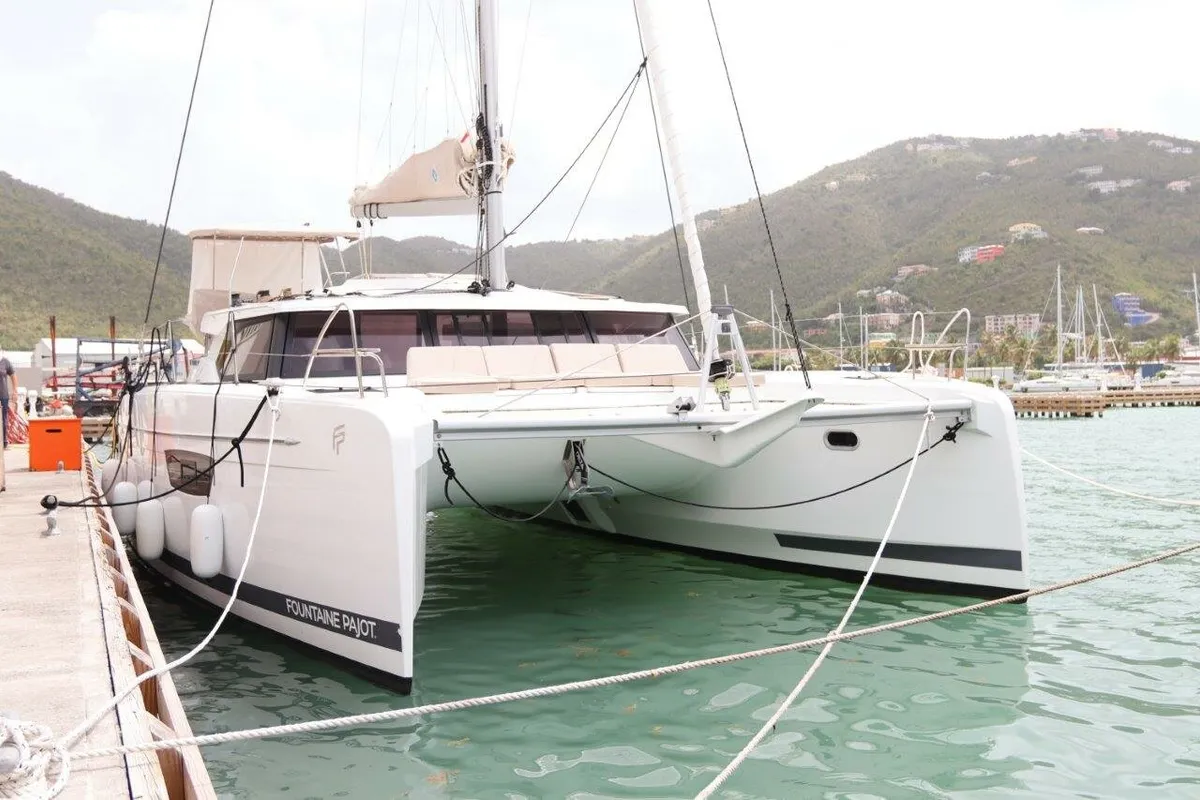 Exterior view of Idle Time, a Fountaine Pajot Astrea 42 catamaran at Road Town, British Virgin Islands