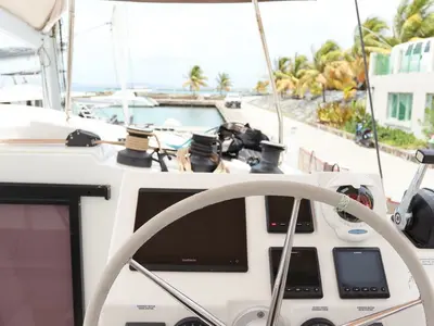 Cockpit of Idle Time, a Fountaine Pajot Astrea 42 catamaran at Road Town, British Virgin Islands
