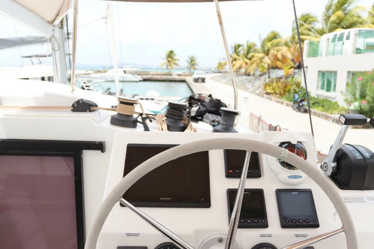 Cockpit of Idle Time, a Fountaine Pajot Astrea 42 catamaran at Road Town, British Virgin Islands