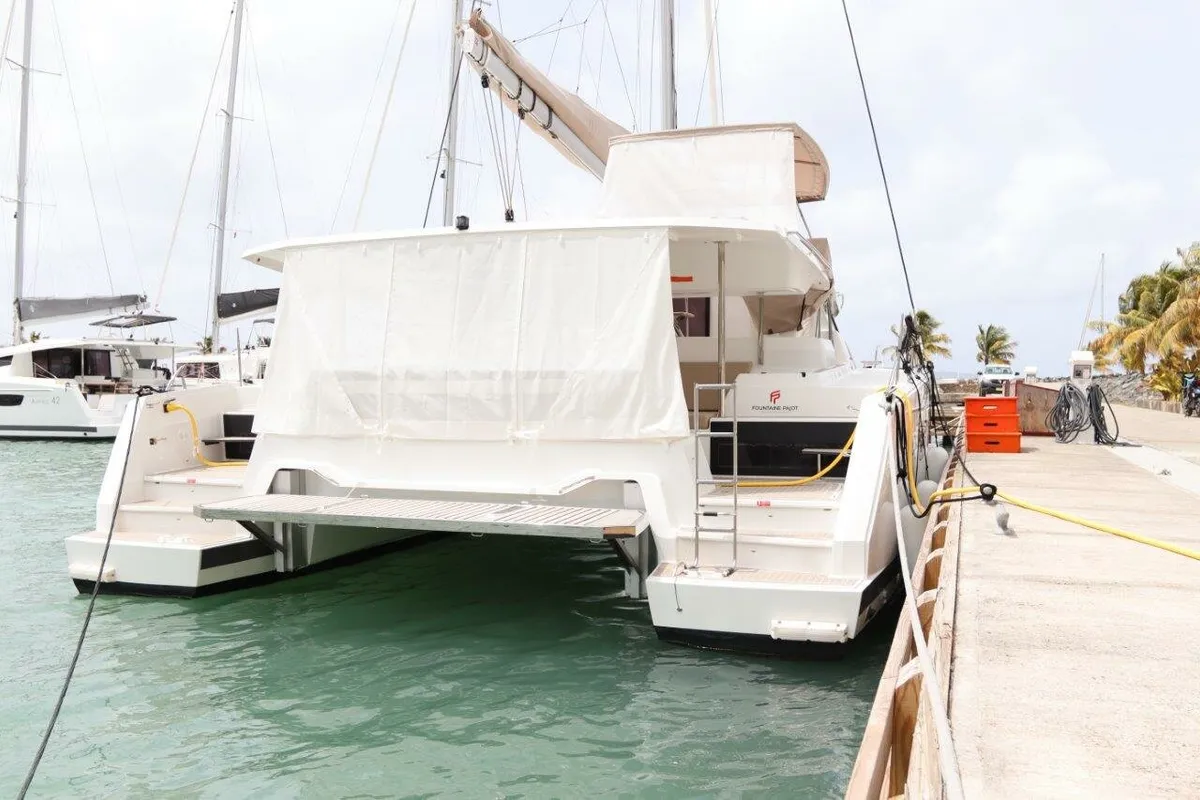 Exterior view of Idle Time, a Fountaine Pajot Astrea 42 catamaran at Road Town, British Virgin Islands