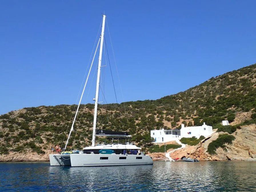 Exterior view of Atlantis, a Lagoon 620 catamaran at Lavrion, Greece