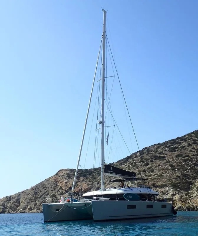 Exterior view of Atlantis, a Lagoon 620 catamaran at Lavrion, Greece