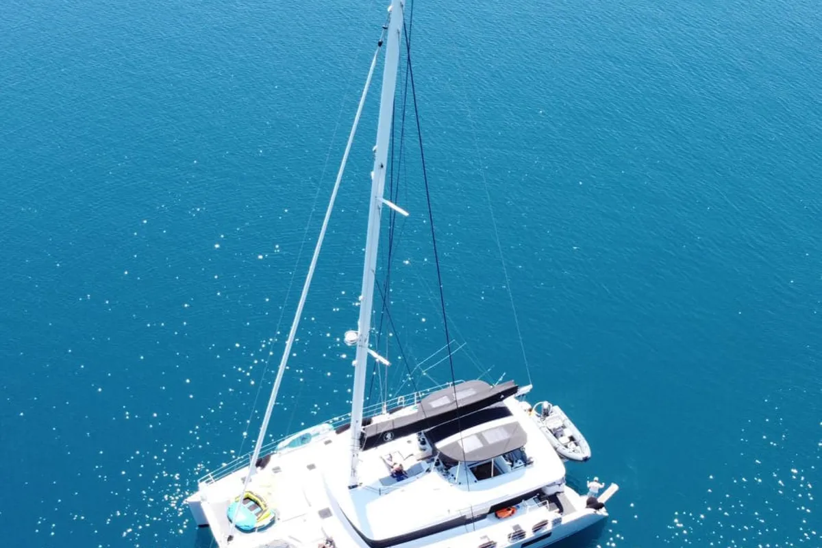 Exterior view of Atlantis, a Lagoon 620 catamaran at Lavrion, Greece
