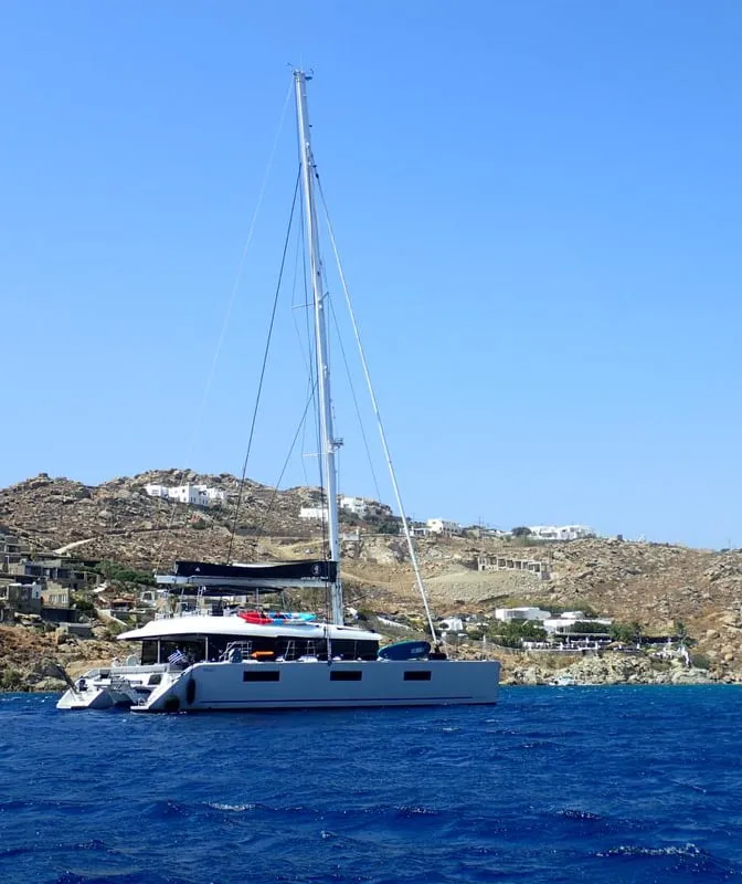 Exterior view of Atlantis, a Lagoon 620 catamaran at Lavrion, Greece