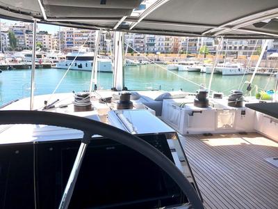 Cockpit of Atlantis, a Lagoon 620 catamaran at Lavrion, Greece