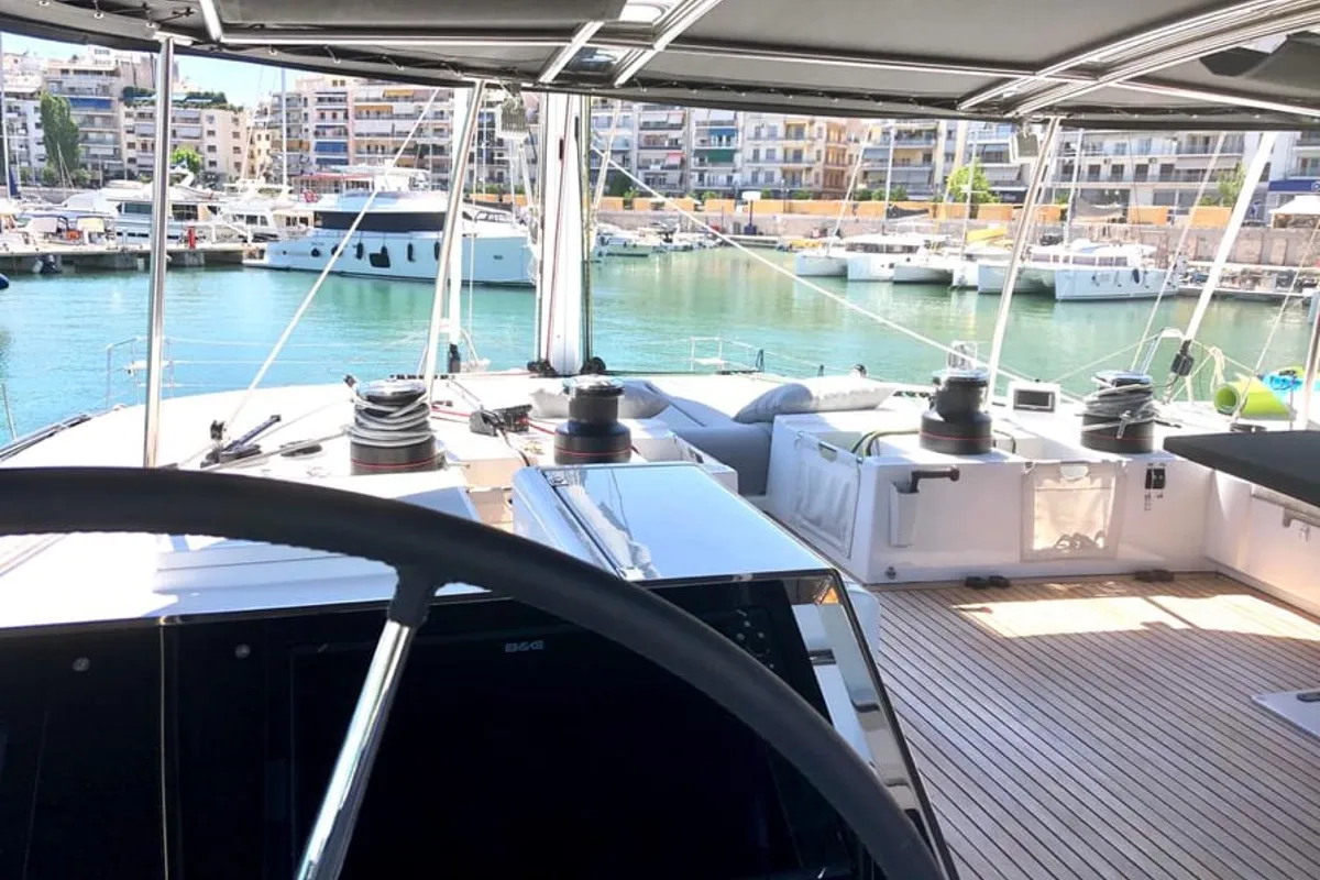 Cockpit of Atlantis, a Lagoon 620 catamaran at Lavrion, Greece