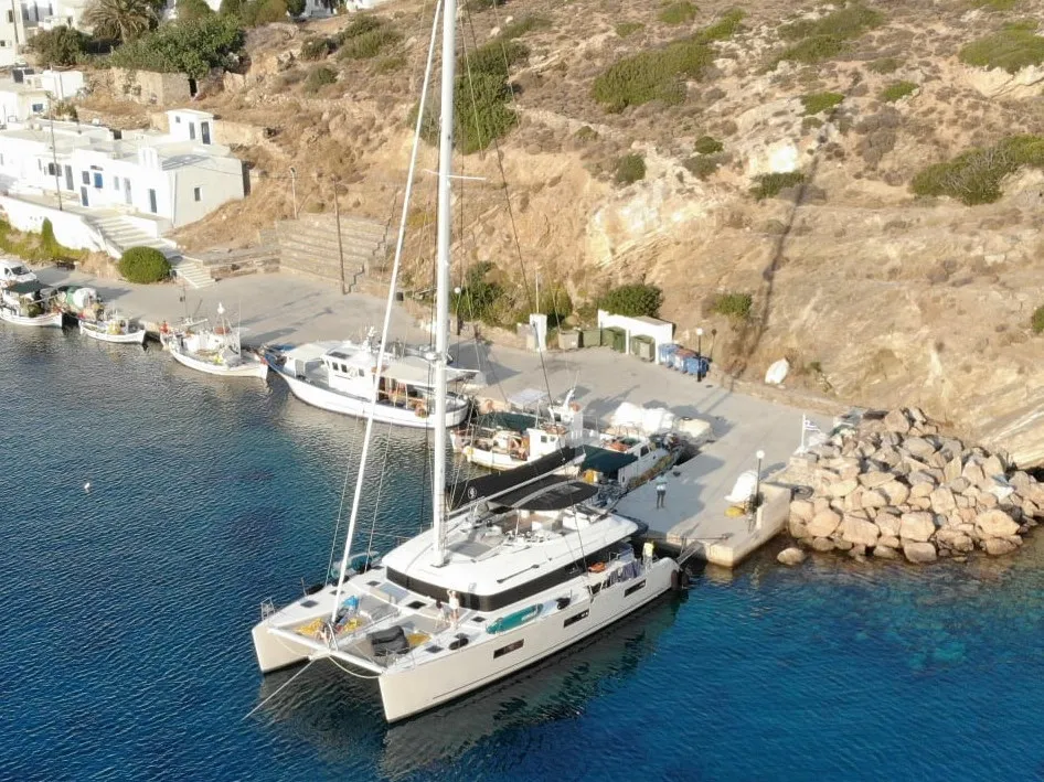 Exterior view of Atlantis, a Lagoon 620 catamaran at Lavrion, Greece