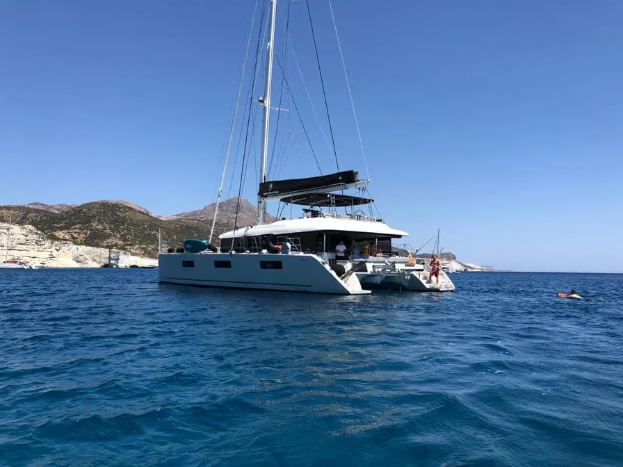 Exterior view of Atlantis, a Lagoon 620 catamaran at Lavrion, Greece