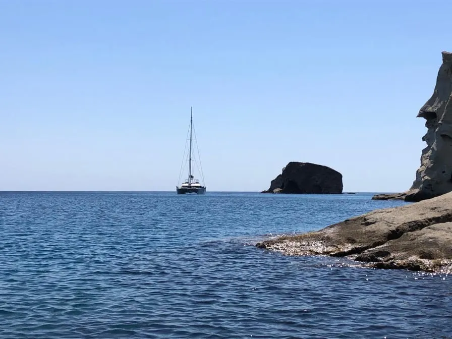 Exterior view of Atlantis, a Lagoon 620 catamaran at Lavrion, Greece