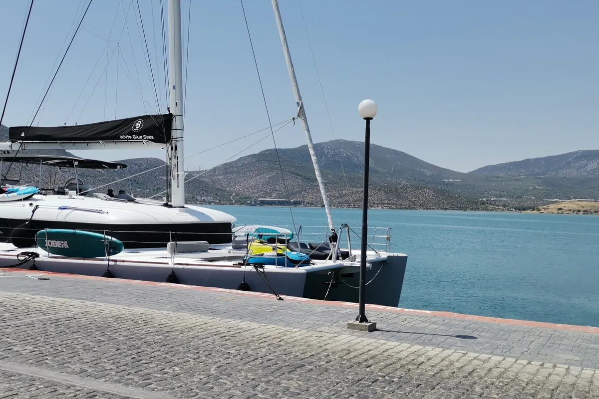 Exterior view of Atlantis, a Lagoon 620 catamaran at Lavrion, Greece