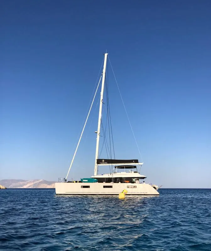 Exterior view of Atlantis, a Lagoon 620 catamaran at Lavrion, Greece