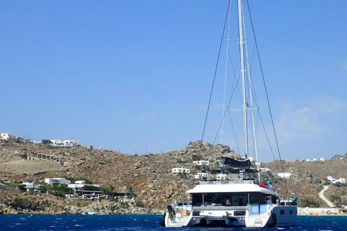 Exterior view of Atlantis, a Lagoon 620 catamaran at Lavrion, Greece