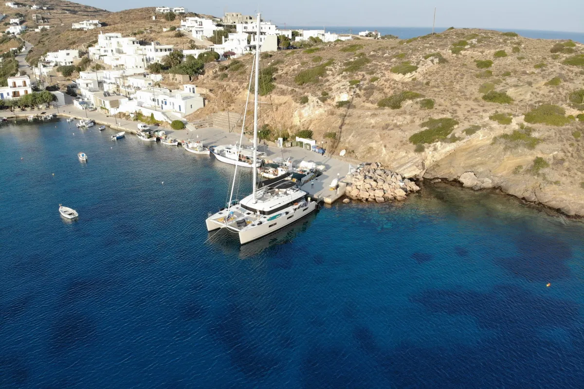 Exterior view of Atlantis, a Lagoon 620 catamaran at Lavrion, Greece