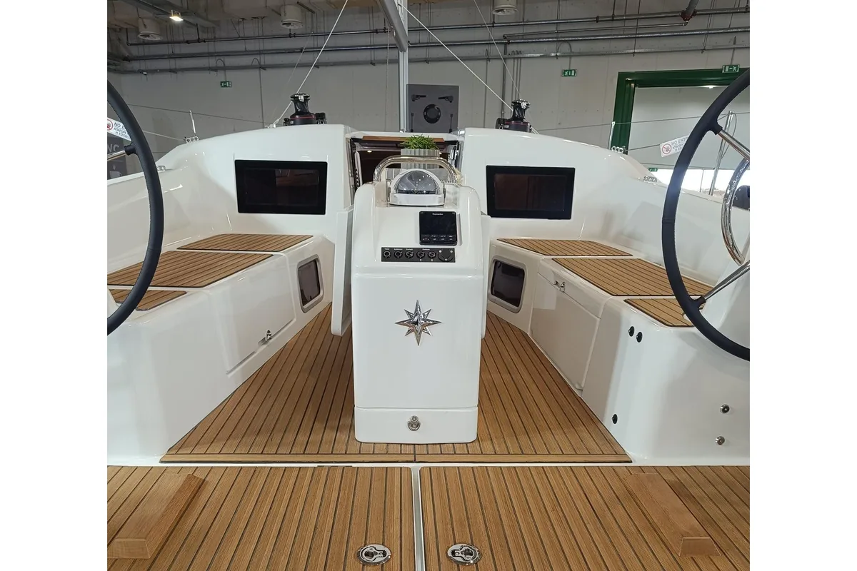 Cockpit of Myriana, a Jeanneau Sun Odyssey 415 sailboat at Marpissa, Greece