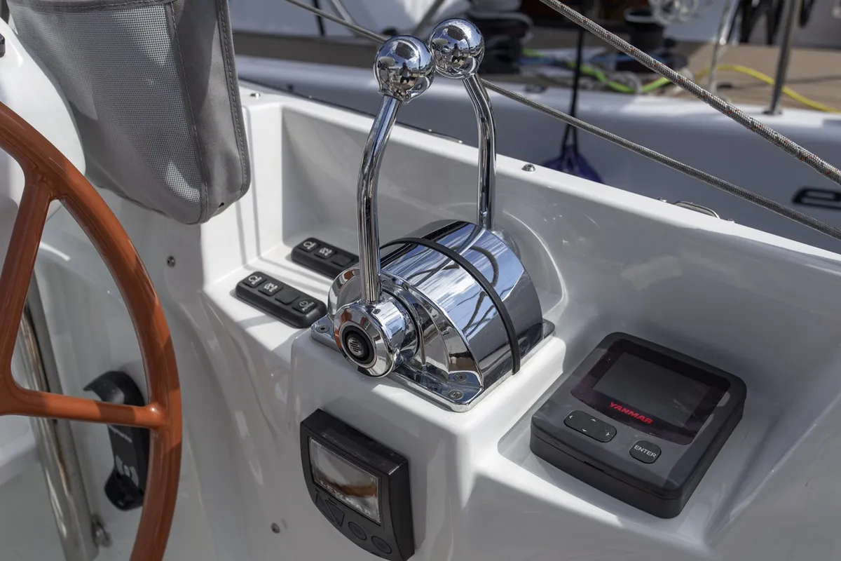 Cockpit of Tranquillity, a Excess 15 catamaran at Mytikas, Greece
