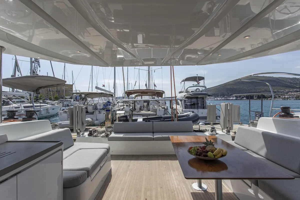 Deck of Tranquillity, a Excess 15 catamaran at Mytikas, Greece