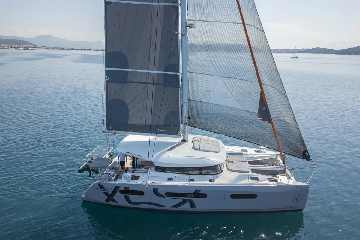Exterior view of Tranquillity, a Excess 15 catamaran at Mytikas, Greece