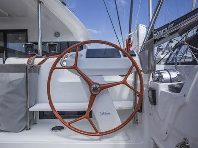 Cockpit of Tranquillity, a Excess 15 catamaran at Mytikas, Greece