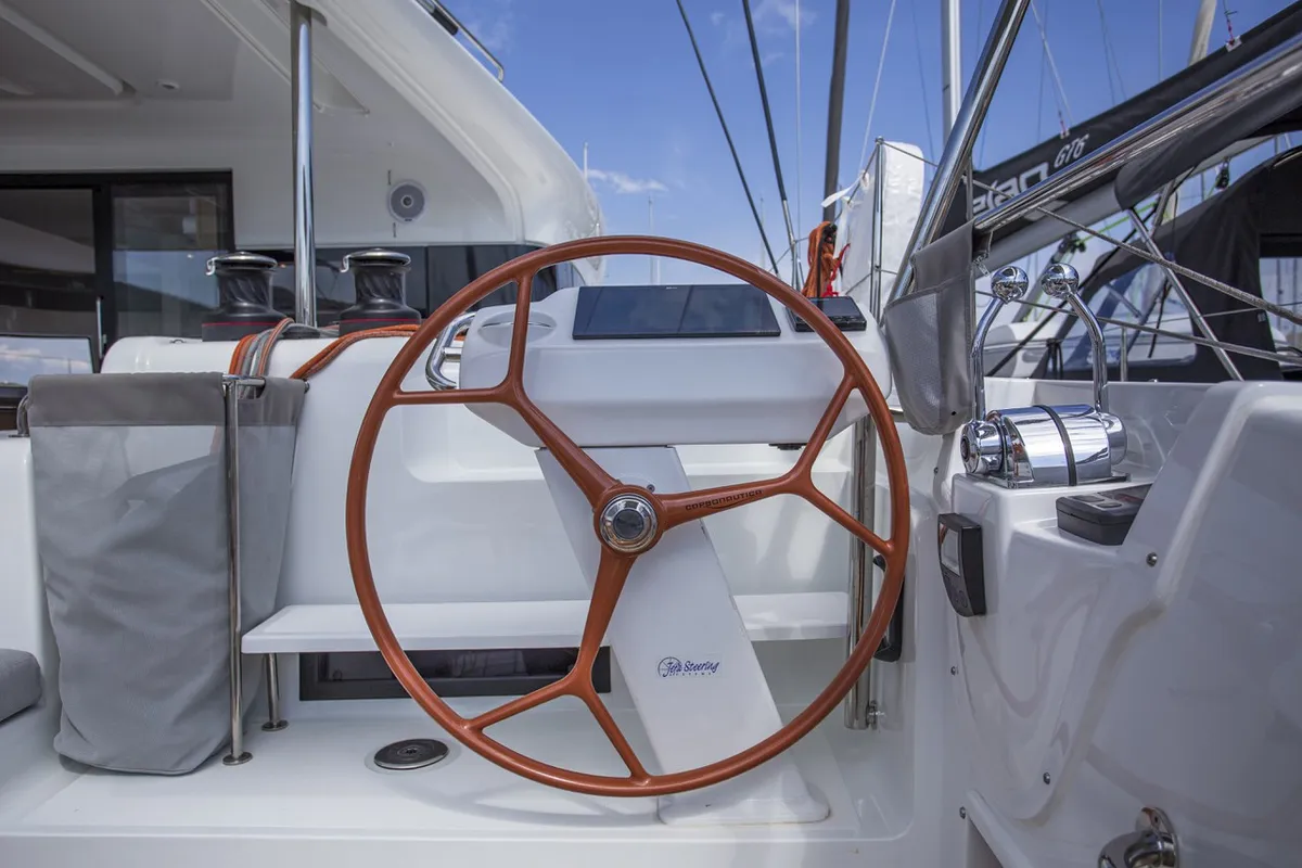 Cockpit of Tranquillity, a Excess 15 catamaran at Mytikas, Greece