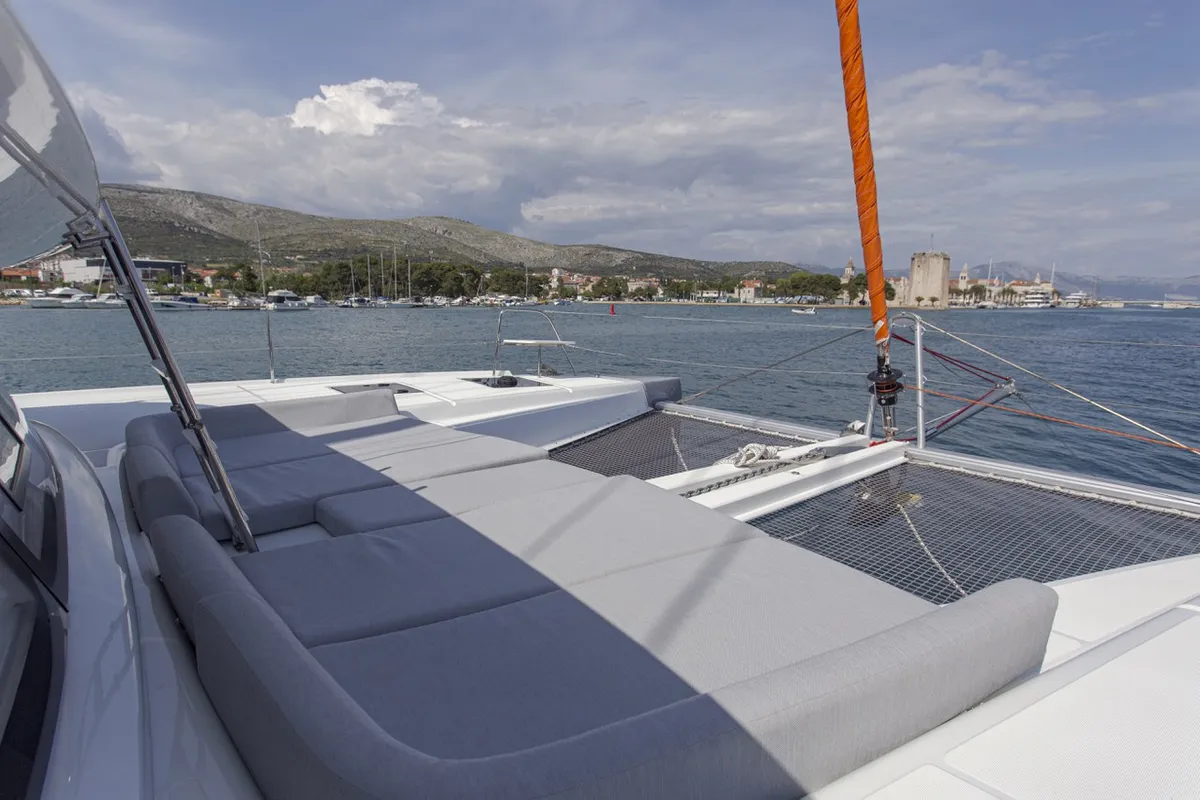 Deck of Tranquillity, a Excess 15 catamaran at Mytikas, Greece