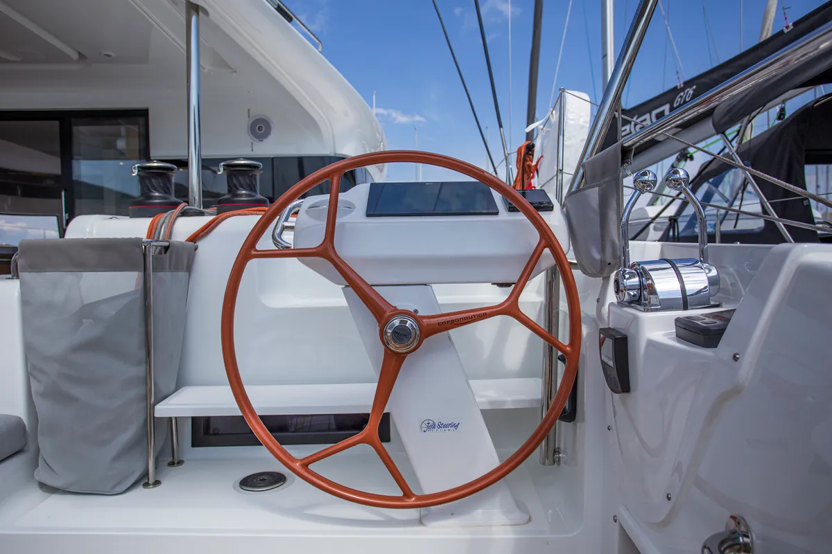 Cockpit of Tranquillity, a Excess 15 catamaran at Mytikas, Greece