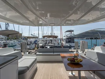 Deck of Tranquillity, a Excess 15 catamaran at Mytikas, Greece