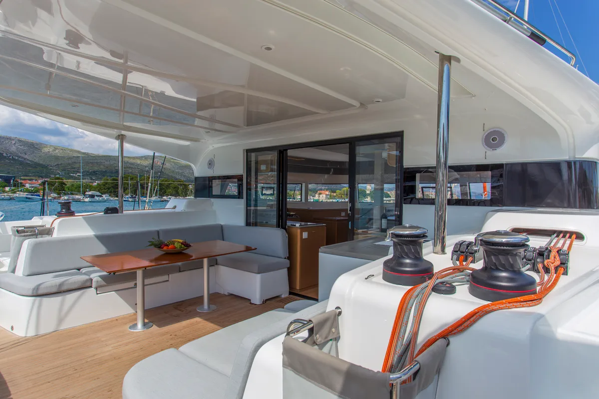 Deck of Tranquillity, a Excess 15 catamaran at Mytikas, Greece
