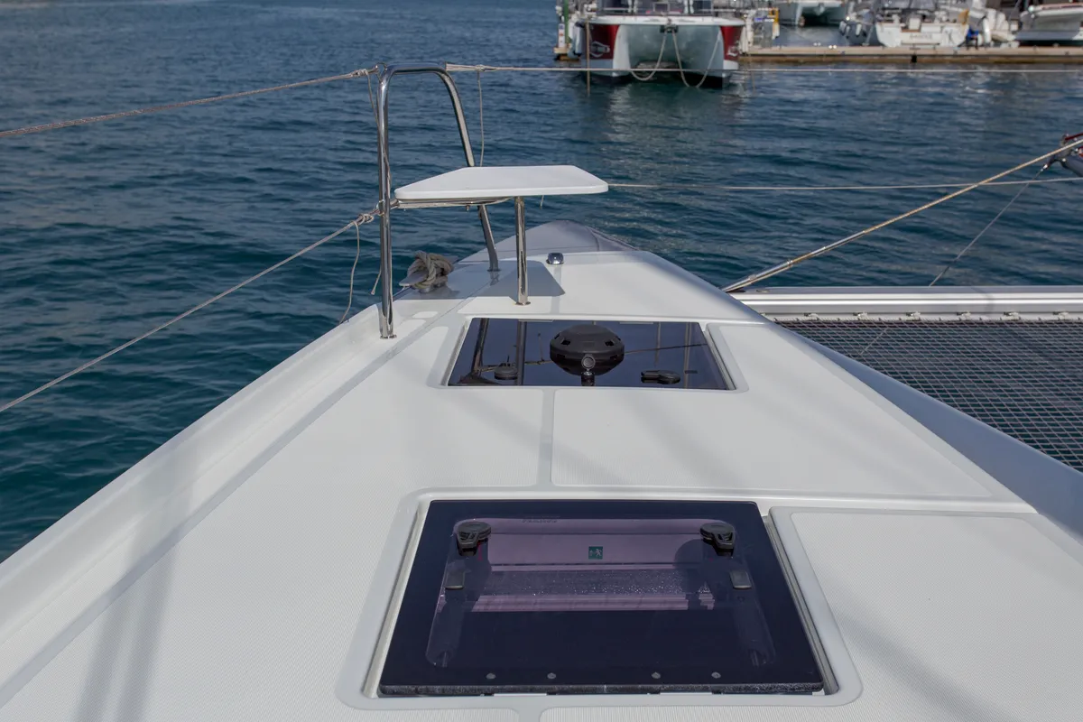 Deck of Tranquillity, a Excess 15 catamaran at Mytikas, Greece
