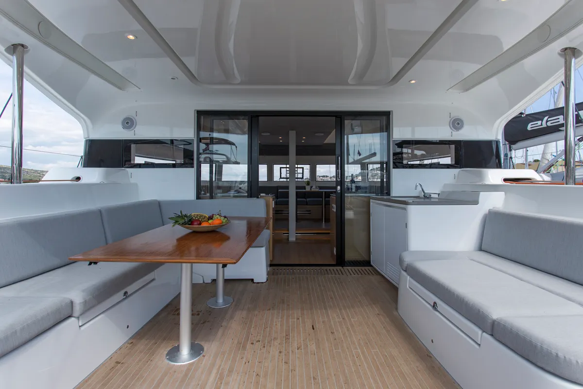 Deck of Tranquillity, a Excess 15 catamaran at Mytikas, Greece