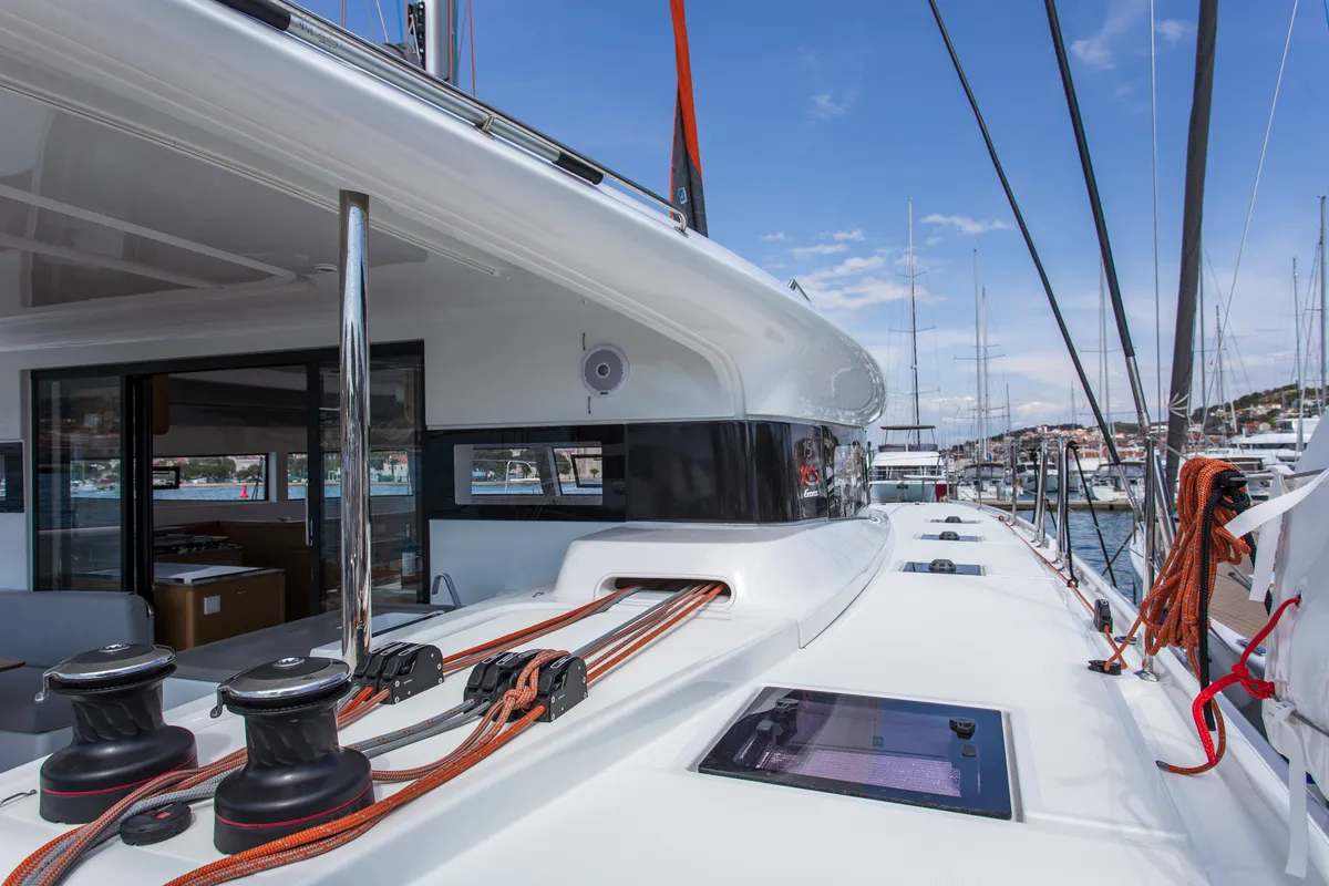 Deck of Tranquillity, a Excess 15 catamaran at Mytikas, Greece