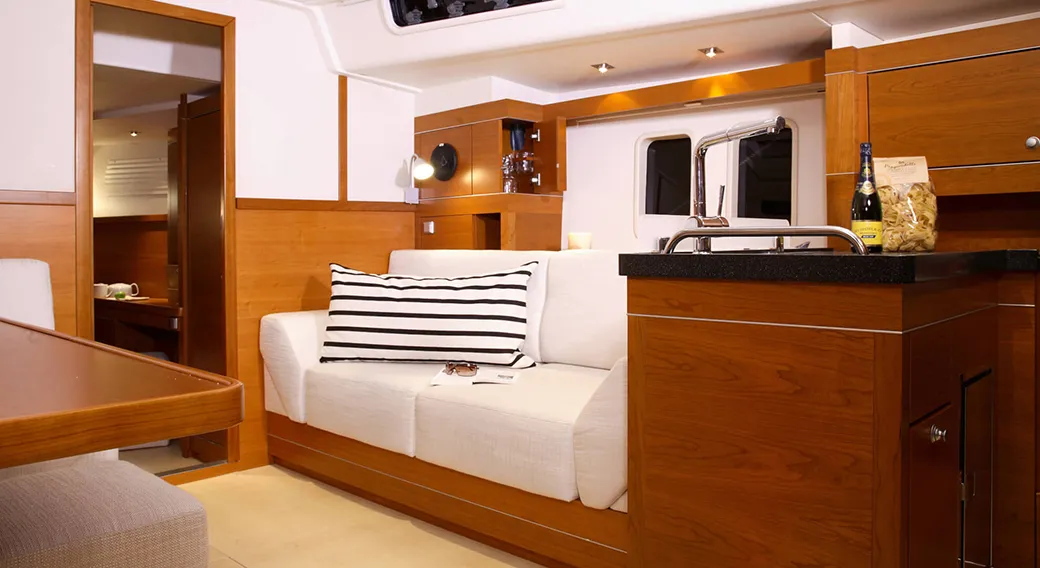 Salon of Sea Ruby, a Hanse 458 sailboat at Kos, Greece