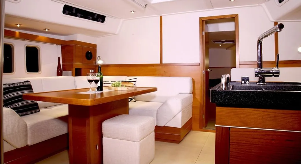 Salon of Sea Ruby, a Hanse 458 sailboat at Kos, Greece