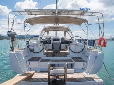Cockpit of Don Quixote, a Beneteau Oceanis 48 sailboat at Port of Avdira, Greece