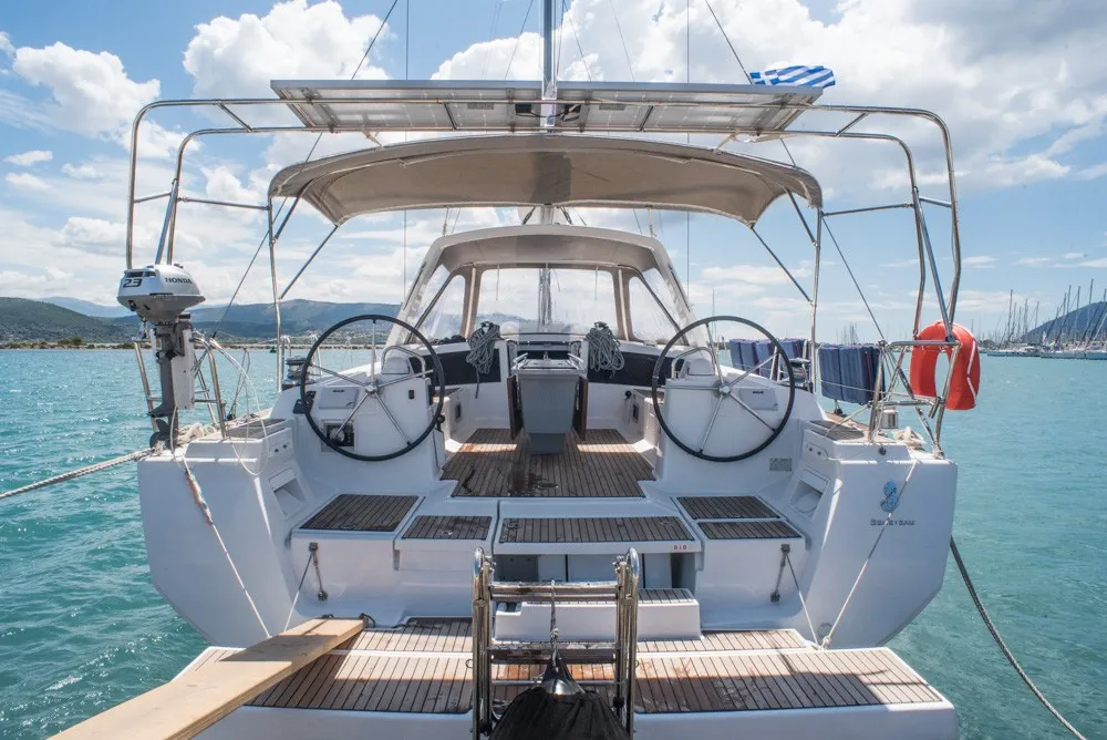 Cockpit of Don Quixote, a Beneteau Oceanis 48 sailboat at Port of Avdira, Greece