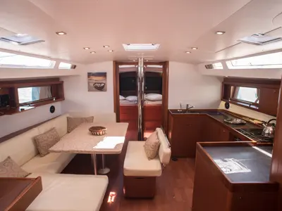 Salon of Don Quixote, a Beneteau Oceanis 48 sailboat at Port of Avdira, Greece