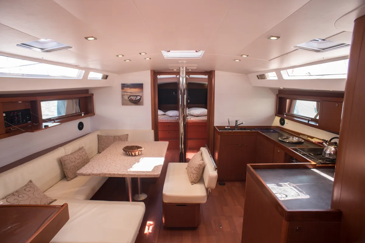 Salon of Don Quixote, a Beneteau Oceanis 48 sailboat at Port of Avdira, Greece
