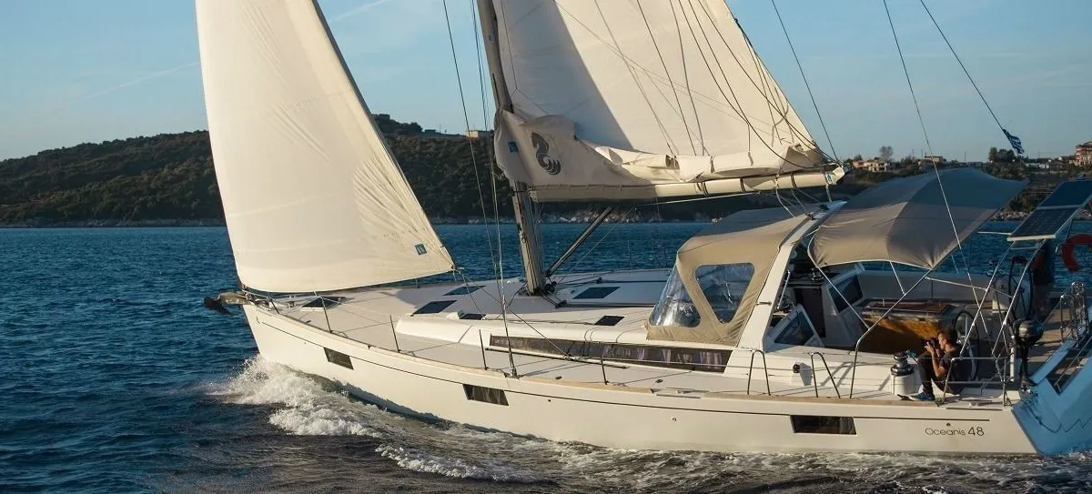 Exterior view of Don Quixote, a Beneteau Oceanis 48 sailboat at Port of Avdira, Greece
