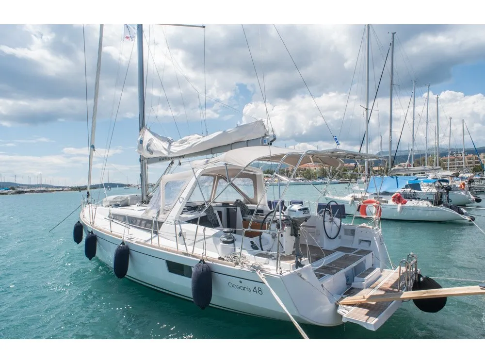 Exterior view of Don Quixote, a Beneteau Oceanis 48 sailboat at Port of Avdira, Greece