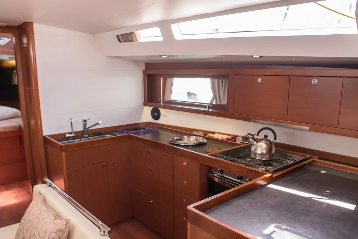 Galley of Don Quixote, a Beneteau Oceanis 48 sailboat at Port of Avdira, Greece