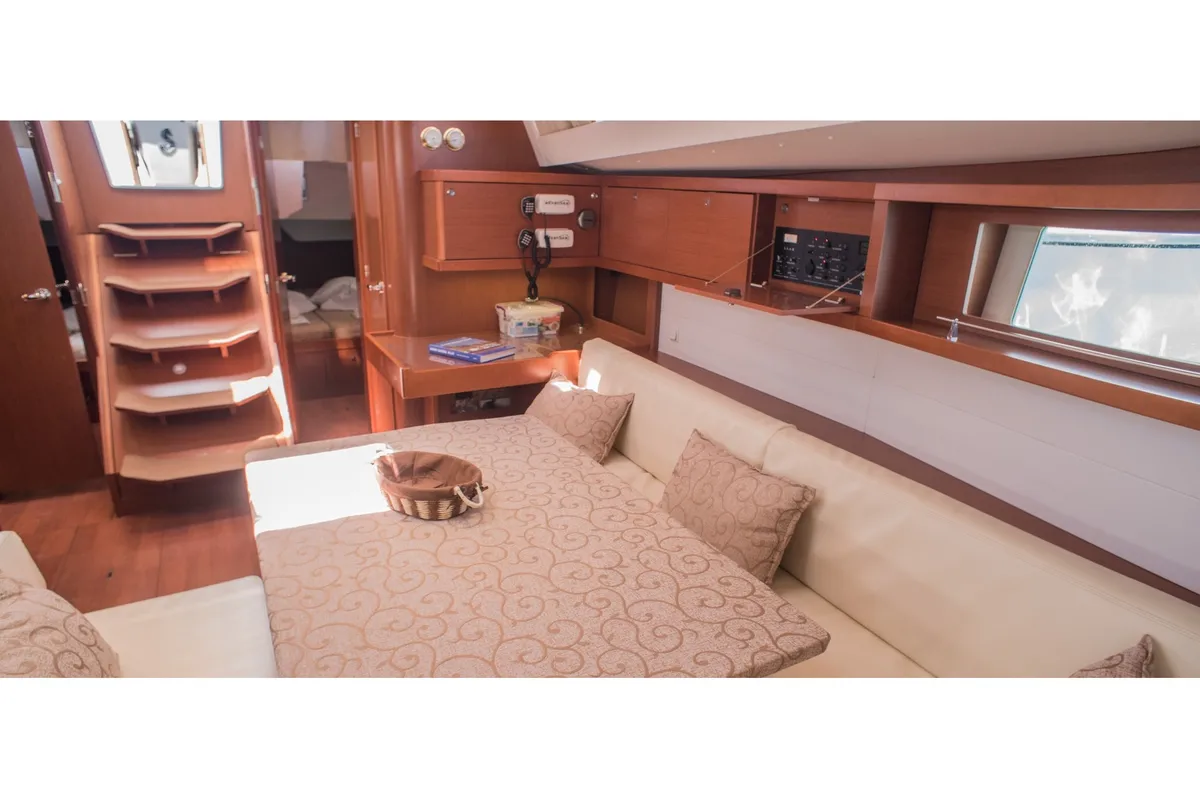 Salon of Don Quixote, a Beneteau Oceanis 48 sailboat at Port of Avdira, Greece