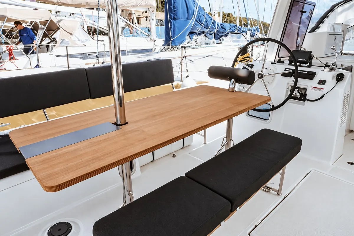 Cockpit of Granmasti, a Jeanneau Sun Loft 47 sailboat at Castellammare di Stabia, Italy