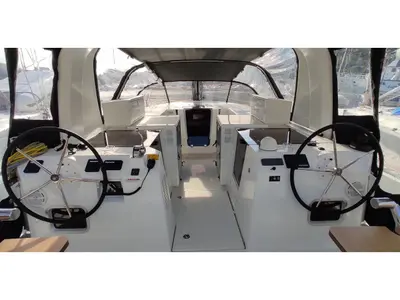 Cockpit of Granmasti, a Jeanneau Sun Loft 47 sailboat at Castellammare di Stabia, Italy
