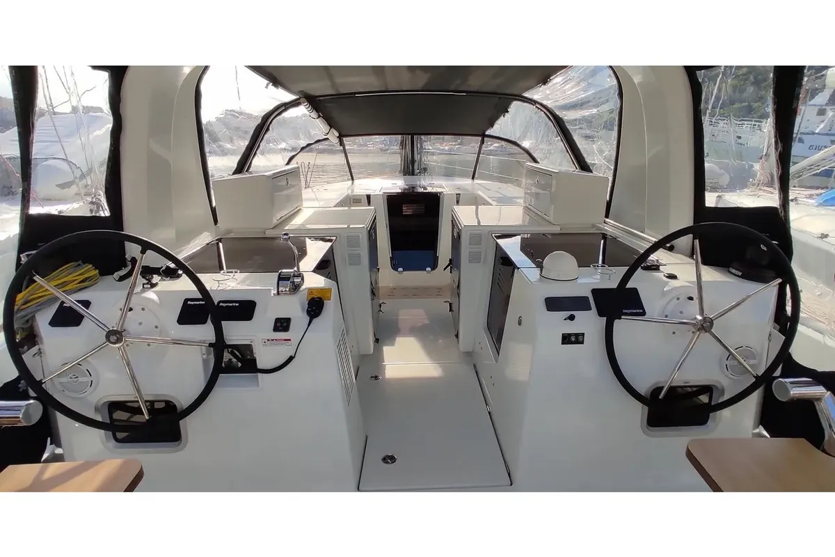 Cockpit of Granmasti, a Jeanneau Sun Loft 47 sailboat at Castellammare di Stabia, Italy