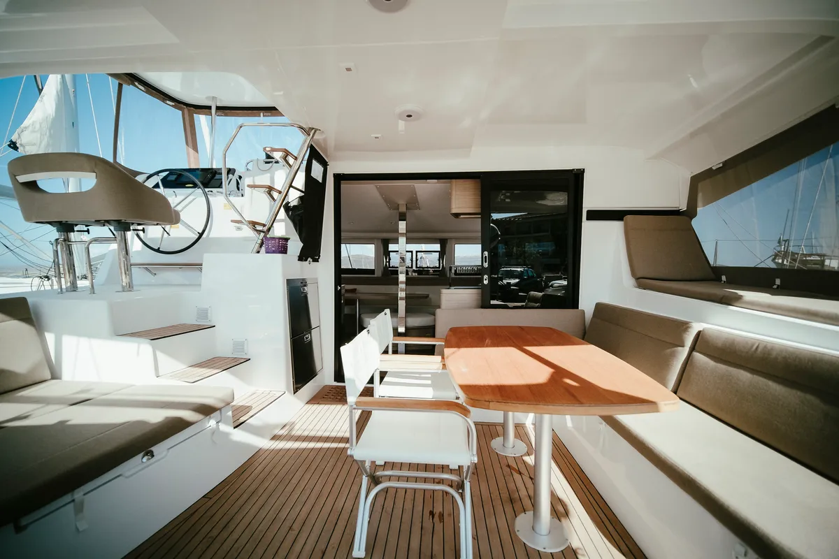 Deck of Acantha, a Lagoon 42 catamaran at Municipal Unit of Lefkada, Greece