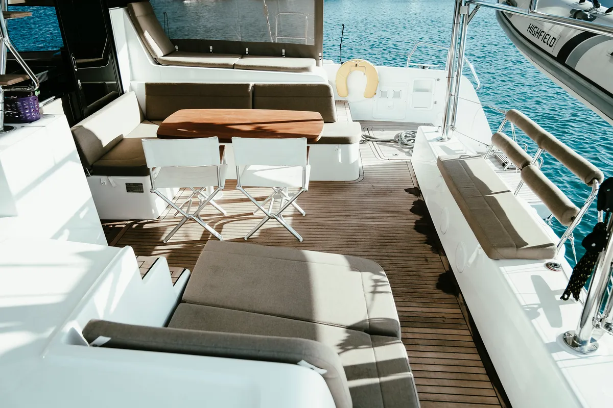 Deck of Acantha, a Lagoon 42 catamaran at Municipal Unit of Lefkada, Greece