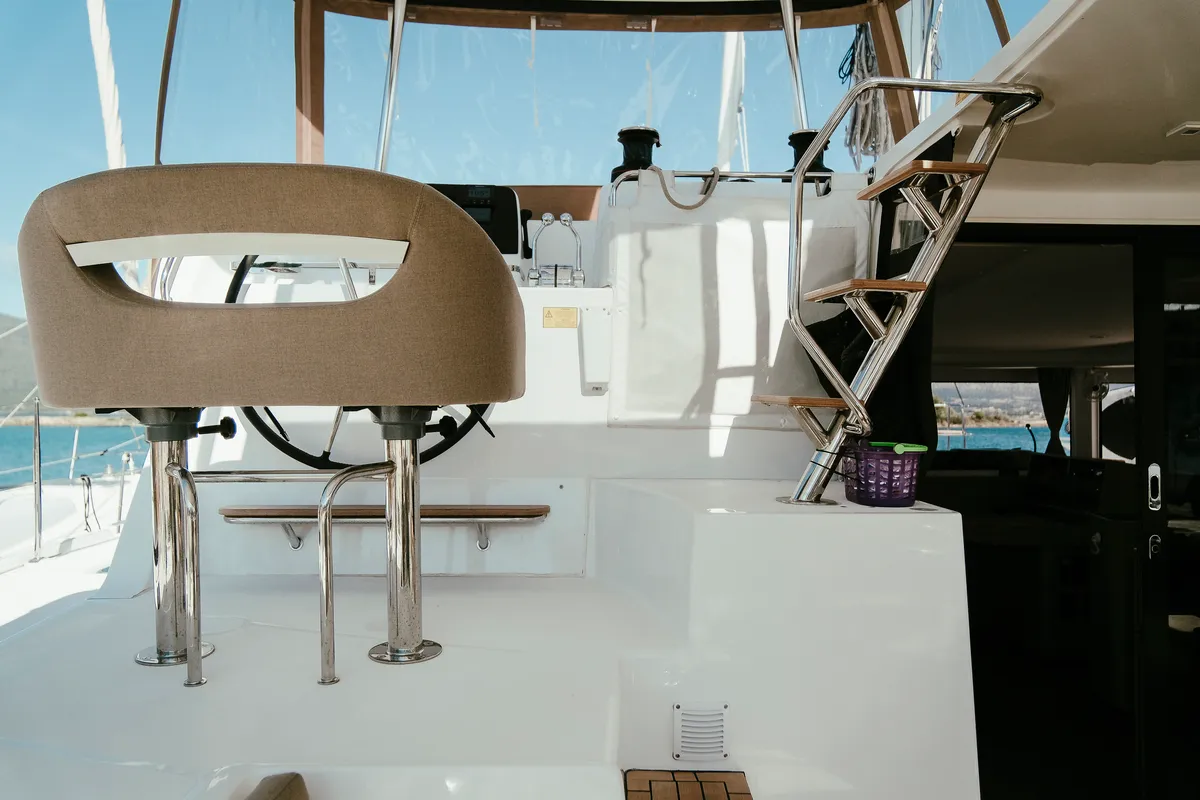 Cockpit of Acantha, a Lagoon 42 catamaran at Municipal Unit of Lefkada, Greece