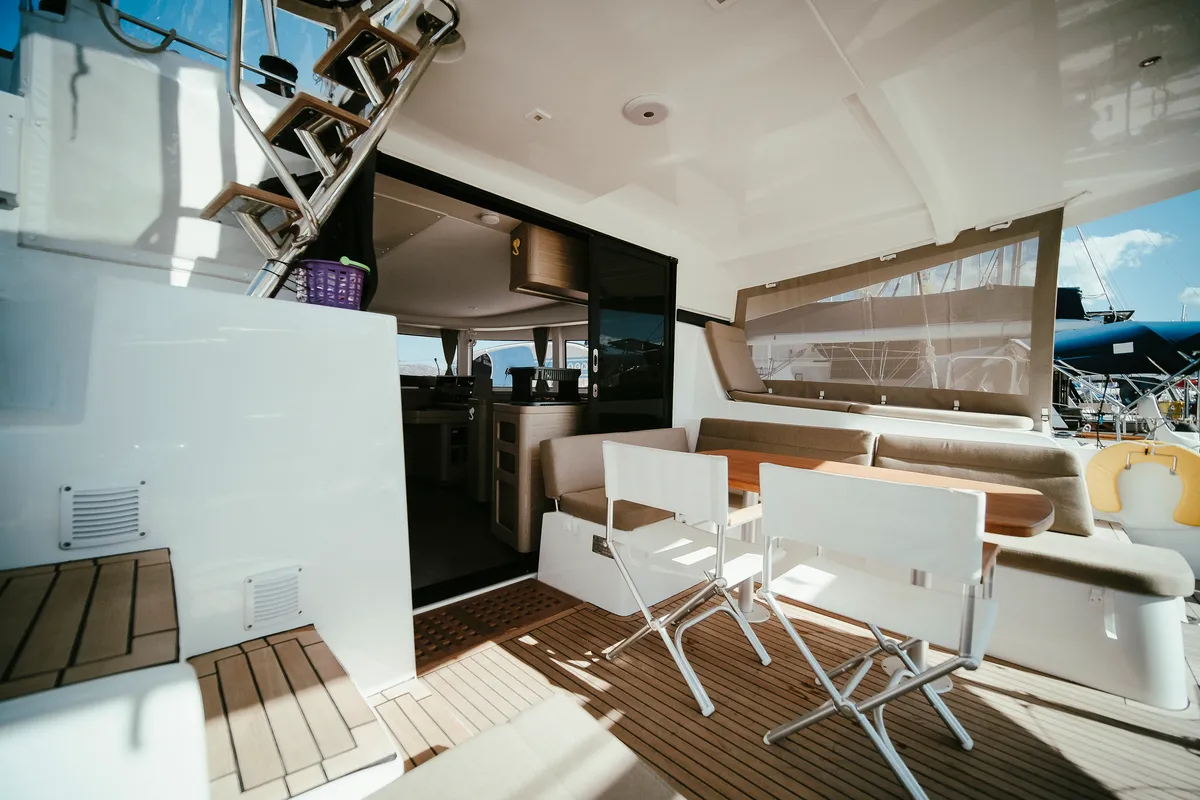 Deck of Acantha, a Lagoon 42 catamaran at Municipal Unit of Lefkada, Greece