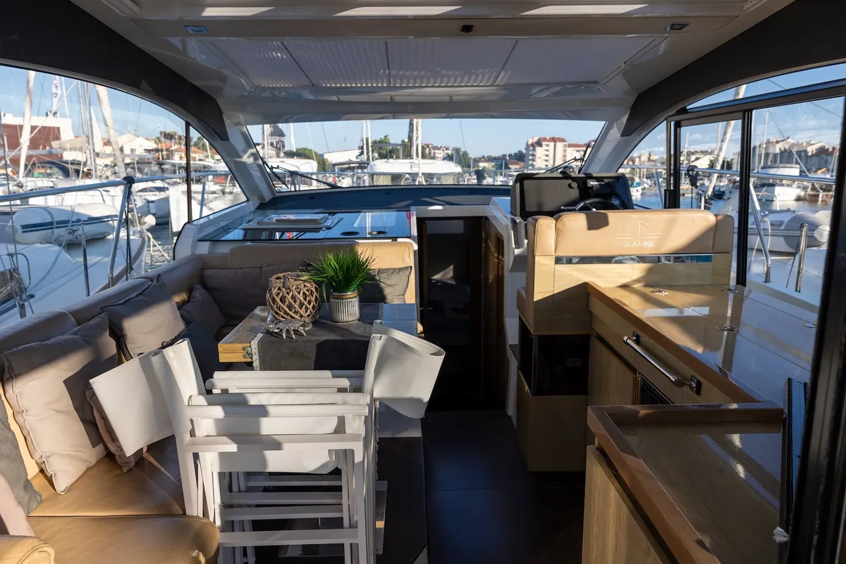 Ecstasea, a Sealine C390 motor yacht at Grad Biograd na Moru, Croatia